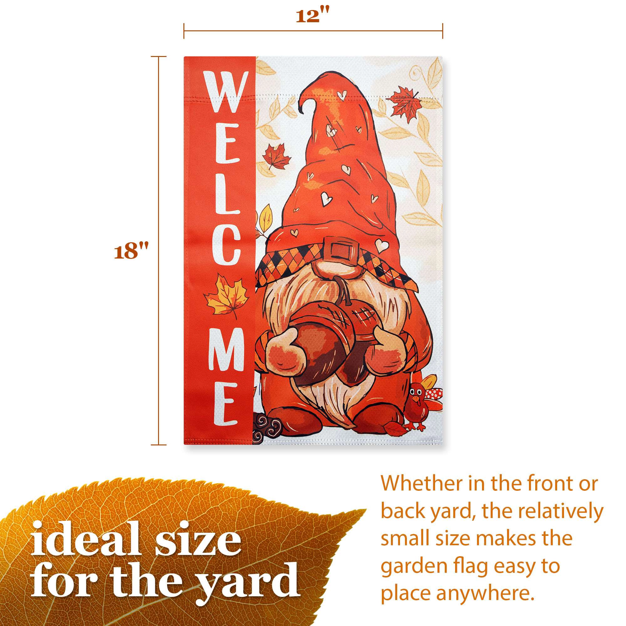 G128 Welcome Fall Gnome Acorn 12x18 Double-Sided Garden Flag