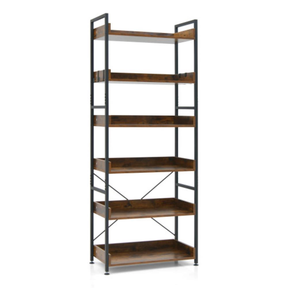 Hivvago 6-Tier Tall Industrial Bookcase with Open Shelves and 4 Hooks-Brown
