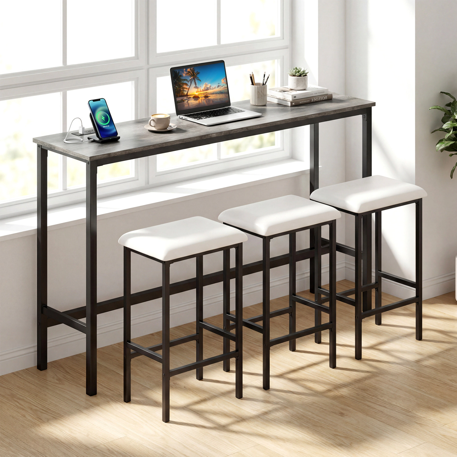 LJG 4 Pieces Counter Height Bar Table with Power Outlet with 3 Padded Stools
