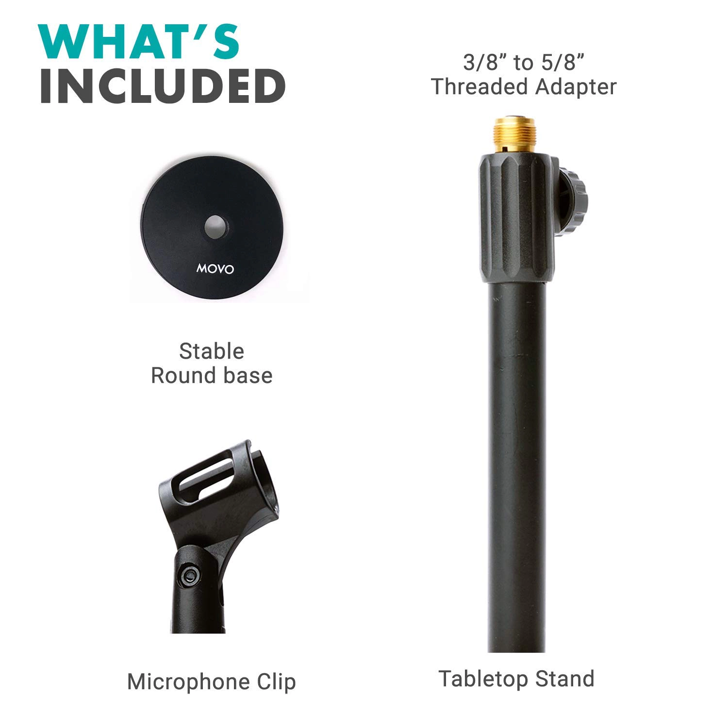 Movo TMC-3 Small Adjustable Table Mic Stand with Round Base and Universal Mic Clip. Table Top Mic Stand Height is