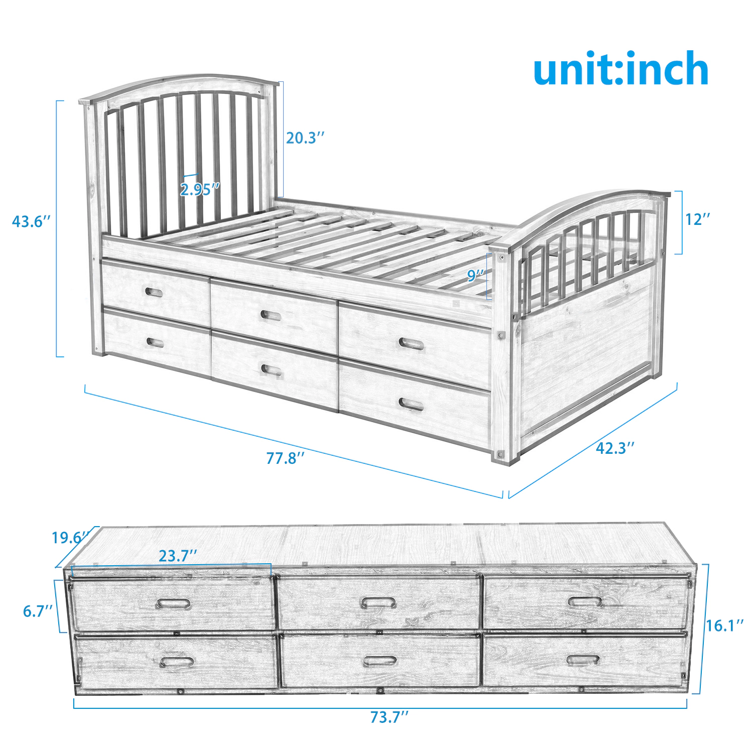 Flynama Twin Solid Wood Platform Storage Bed with Six Drawers (Orisfur)
