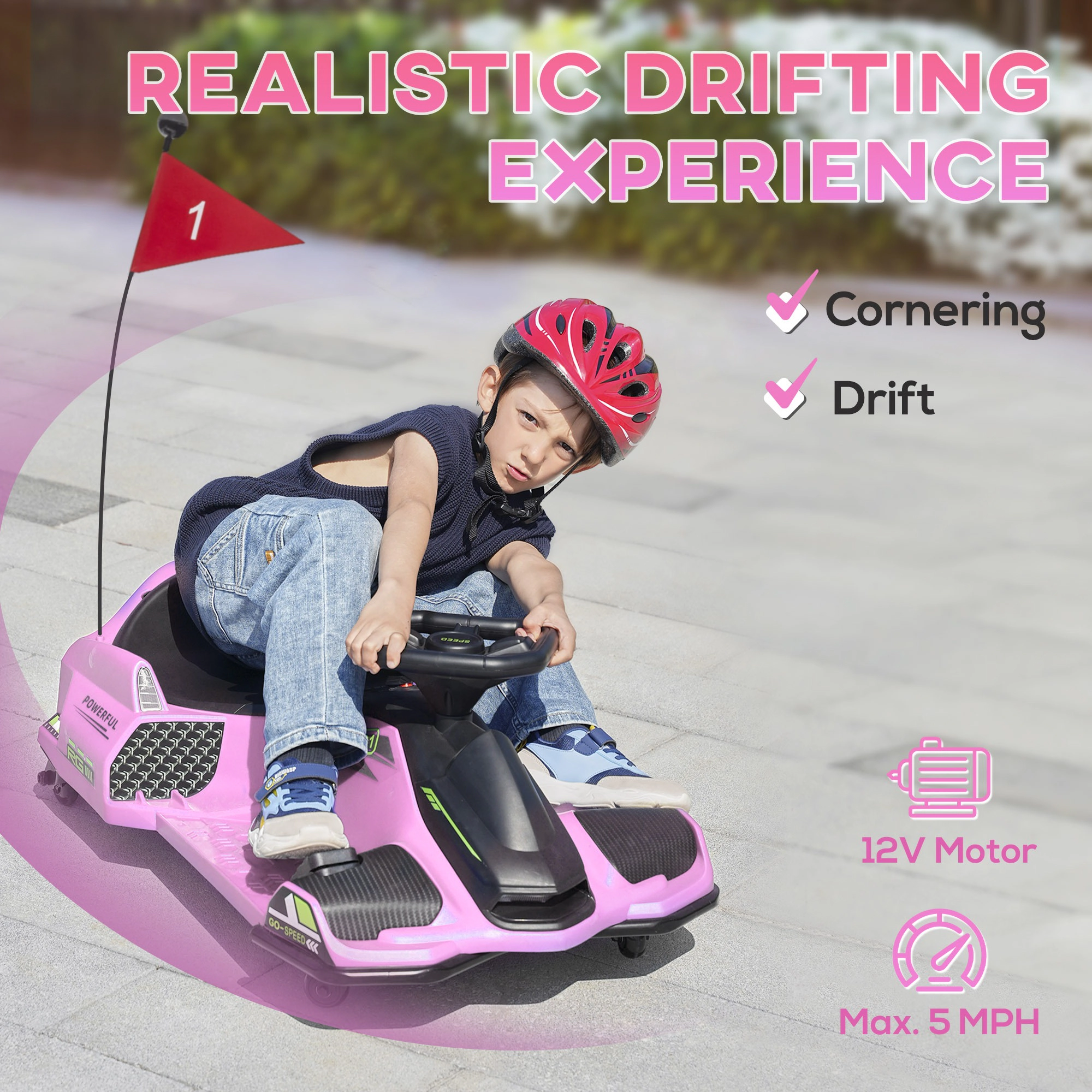 HONGGE Kids Electric Drift Go Kart 12V with Lights & Music, Adjustable Speed up to 5 MPH, Ages 8-12, Pink