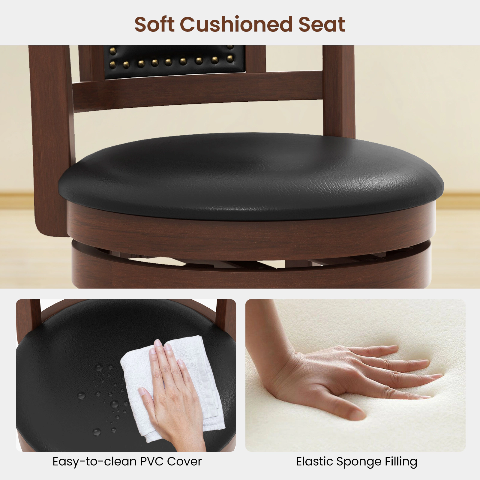 Glintex 2-Piece 30.5-Inch Swivel Bar Stool Set with Curved Backrest, Espresso & Black