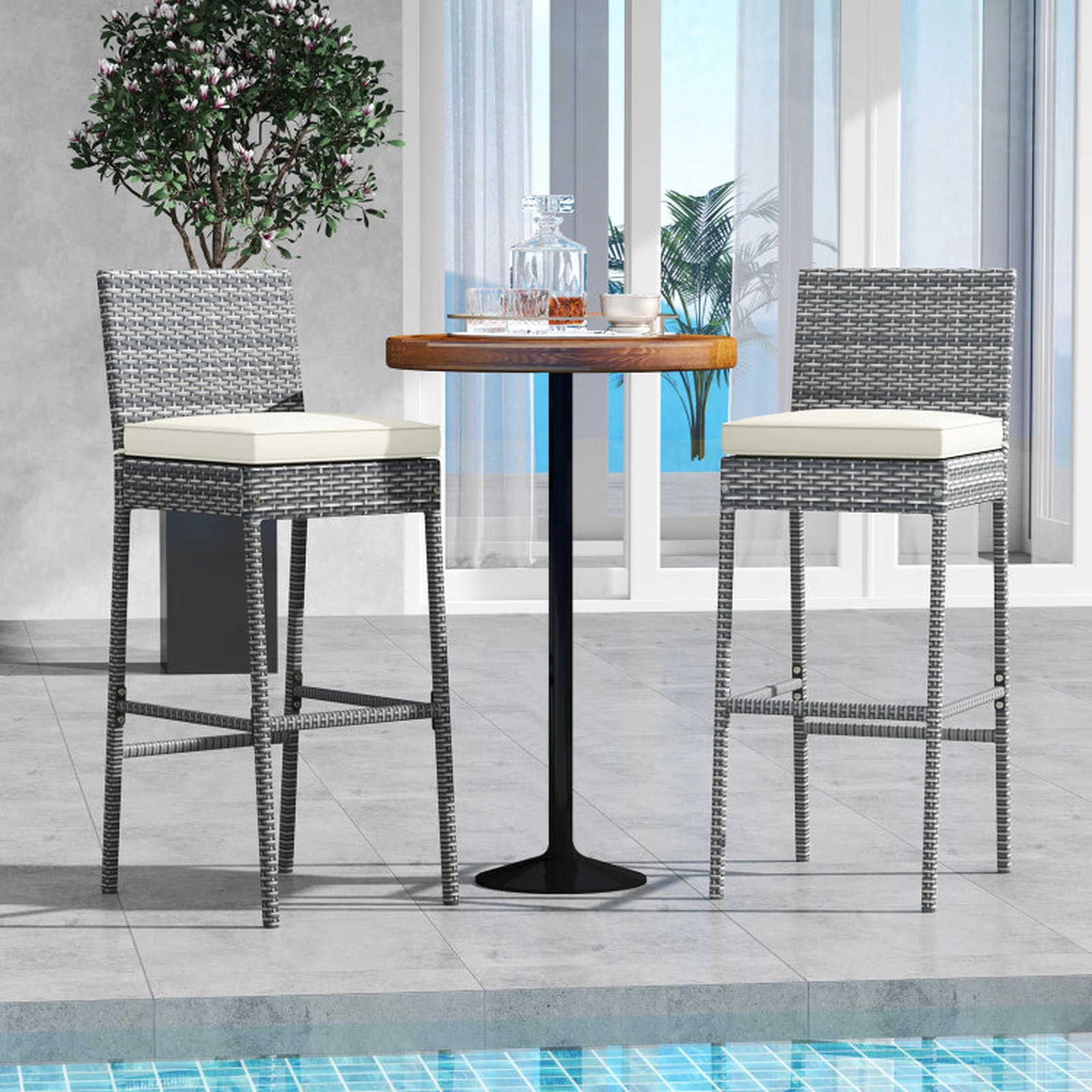 SUGIFT Set of 4 Gray Outdoor Bar Stools, 30-Inch Seat, PE Rattan Wicker, Cushioned Backrest and Footrest