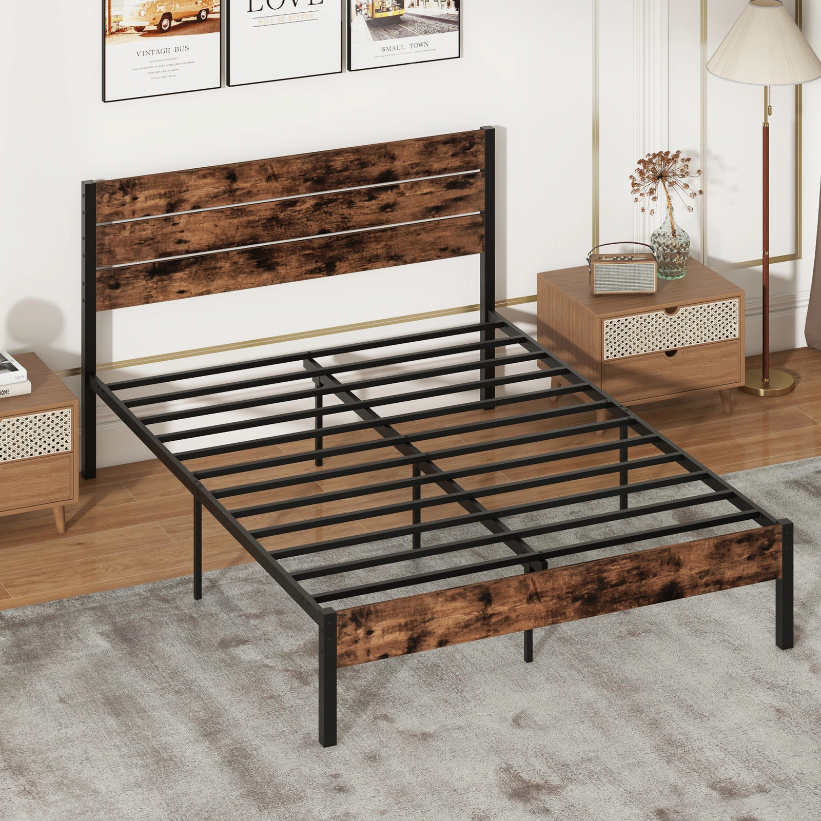 SUGIFT Queen Size 1100-lb Bed Capacity Metal Platform Bed Frame with Slatted Headboard and Mute Bar Rustic Brown