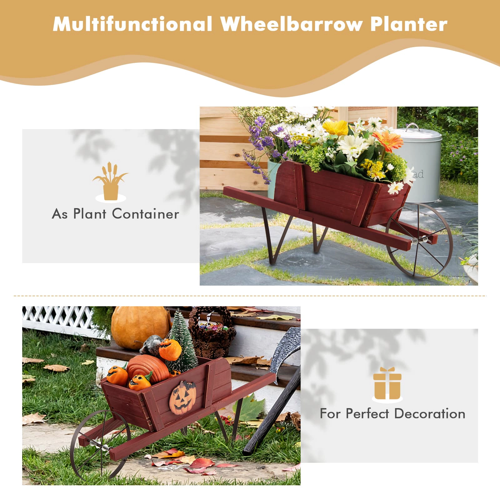 SUGIFT Wooden Wagon Planter Red with 9 Magnetic Accessories and 7.5 in Wheels