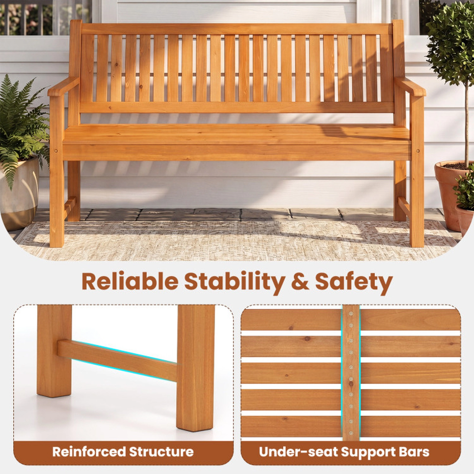 SUGIFT 3-Seater Outdoor Fir Wood Bench 990-lb Capacity Garden Bench with Backrest Brown/Natural