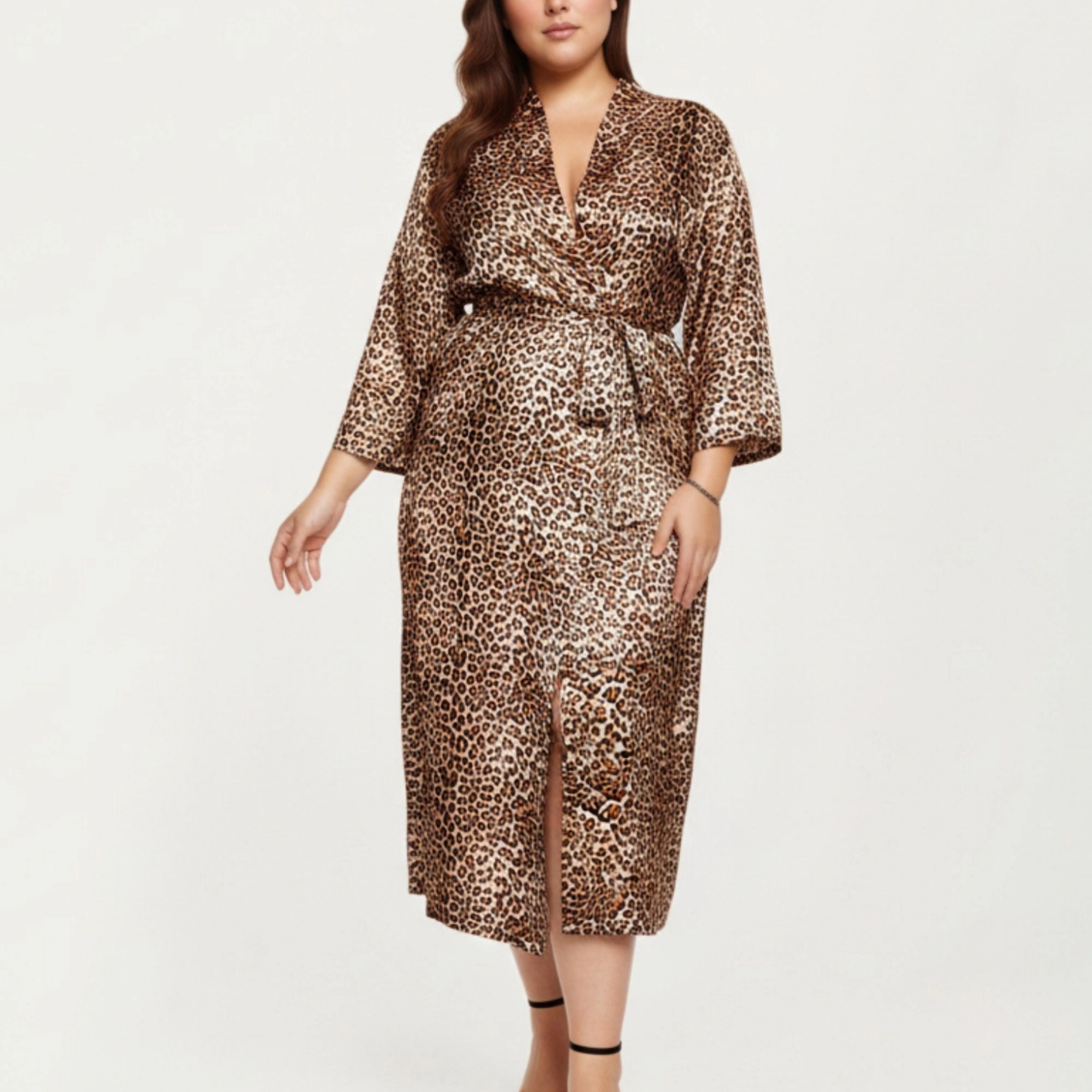 Anna-Kaci Women's Leopard Print Satin Robe Soft Silky Sheen Adjustable Wrap Tie Waist and Flowing Longline Silhouette