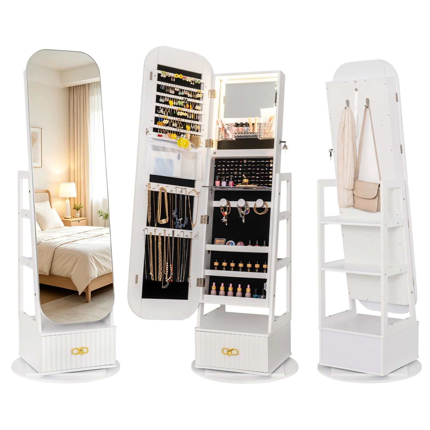 LJG Swivel Jewelry Cabinet with Full-Length Mirror and LED Lights and Storage Shelves