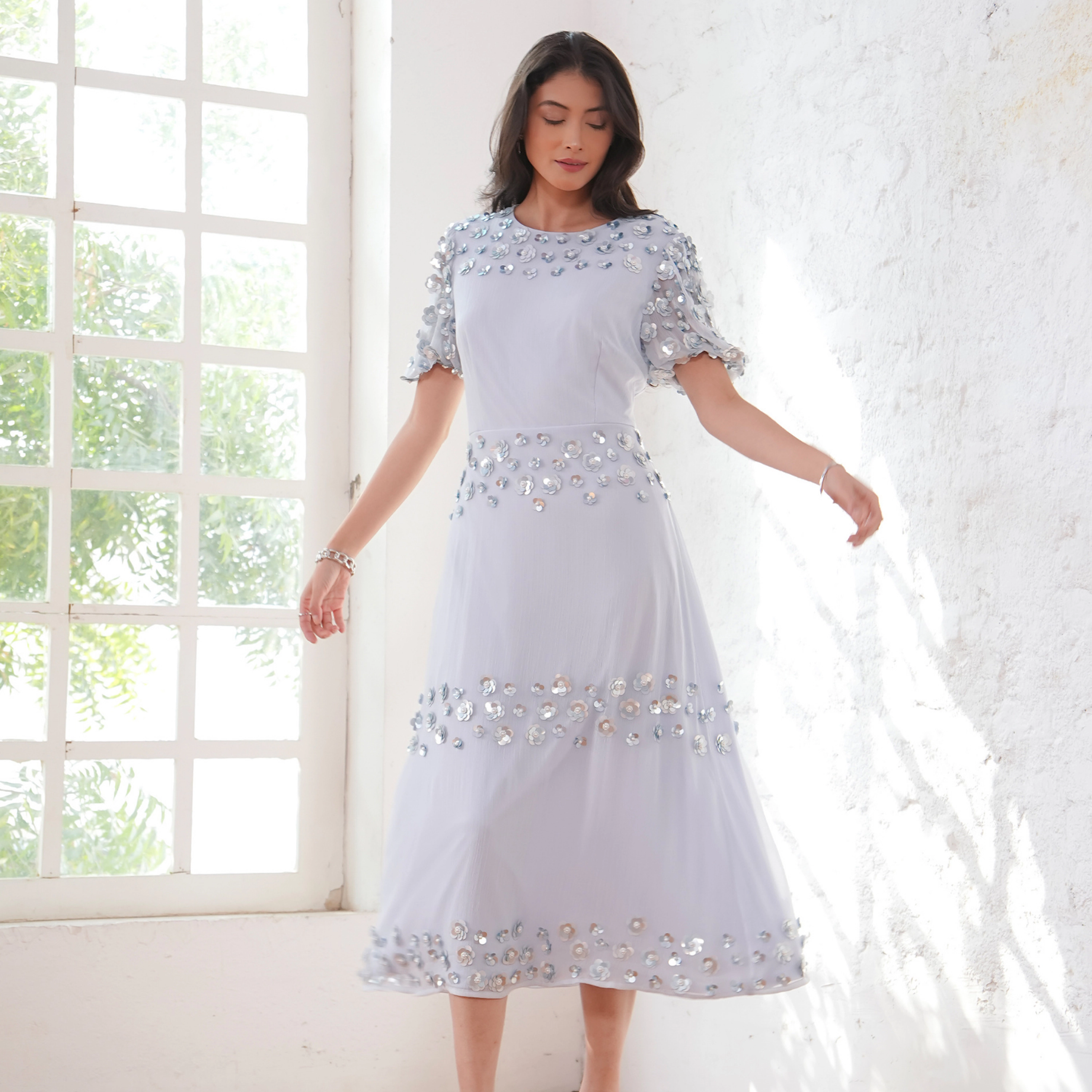 Rose & Nancy Women's Morena Soft Blue Hand Embellished Midi Dress