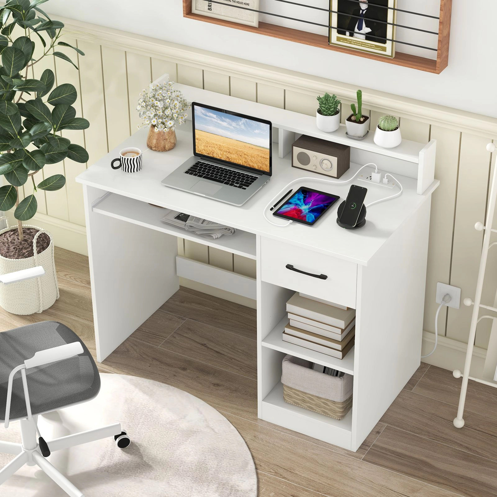 SlickBlue White Computer Desk with Charging Station