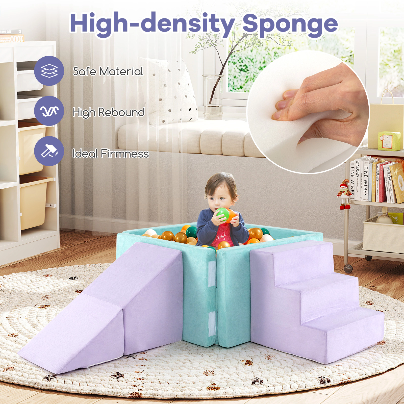 3-in-1 Toddler Soft Play Set 37-in Foam Ball Pit Triangle Climber and Step Block Washable Suede Covers Ages 3+ Purple