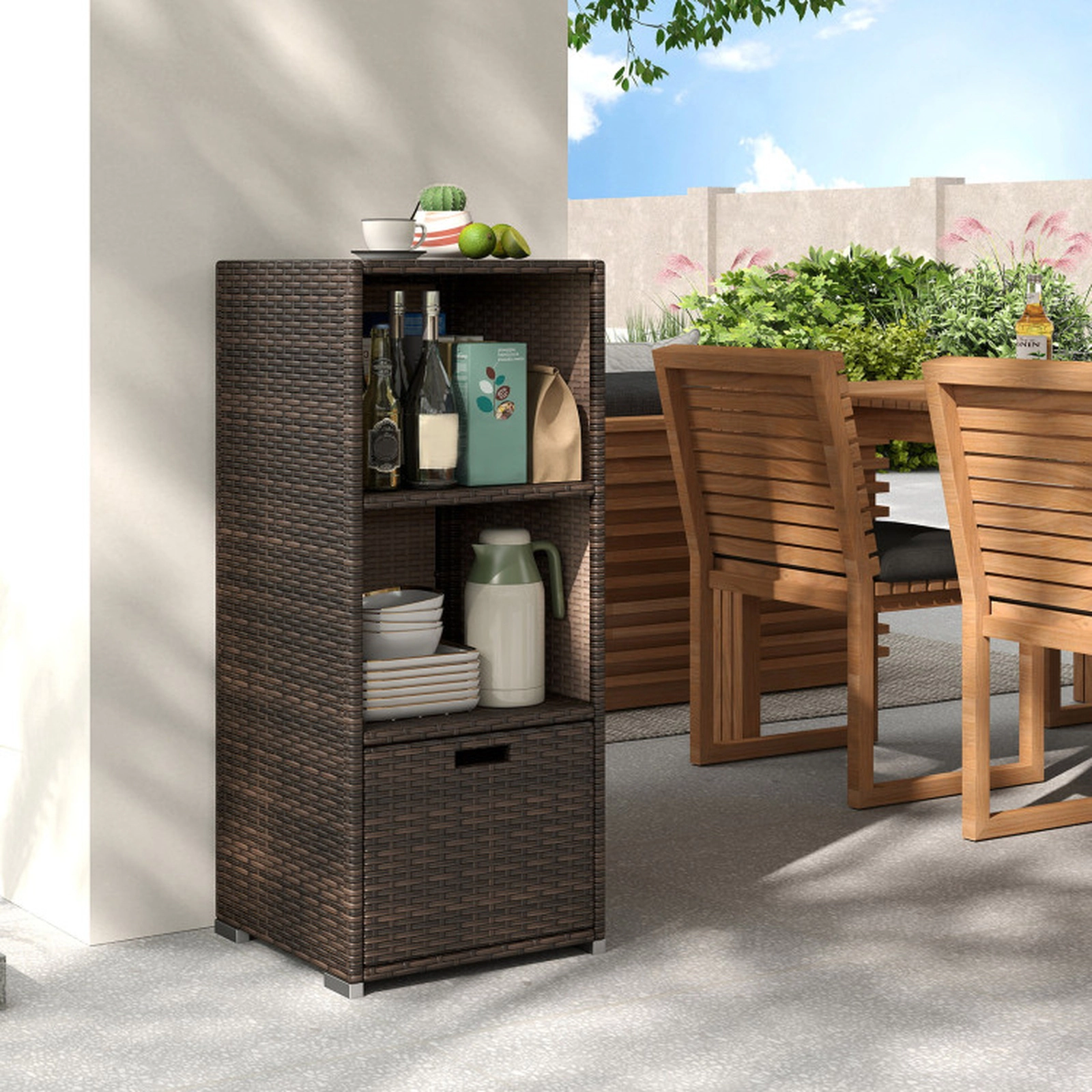 SUGIFT 3-Shelf PE Rattan Removable Drawer Outdoor Patio Storage Cabinet 19.5-in x 19.8-in x 43-in 80-lb Shelf Brown