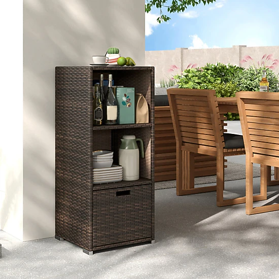 SUGIFT 3-Shelf PE Rattan Removable Drawer Outdoor Patio Storage Cabinet 19.5-in x 19.8-in x 43-in 80-lb Shelf Brown