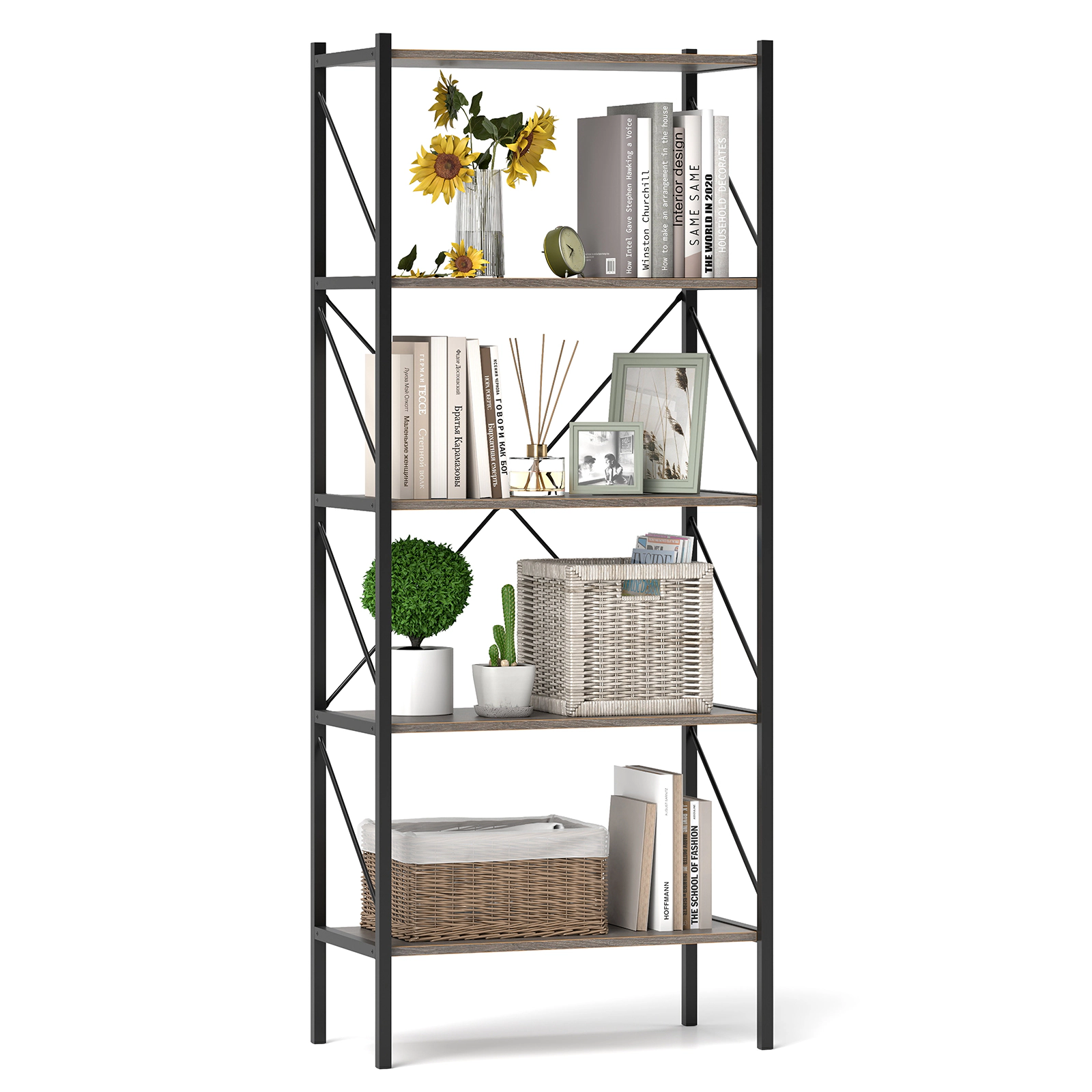 SUGIFT 5-Tier Open Bookshelf with Heavy Duty Metal Frame 220-lb Capacity 26 x 13.5 x 63 in Rustic Brown and Black