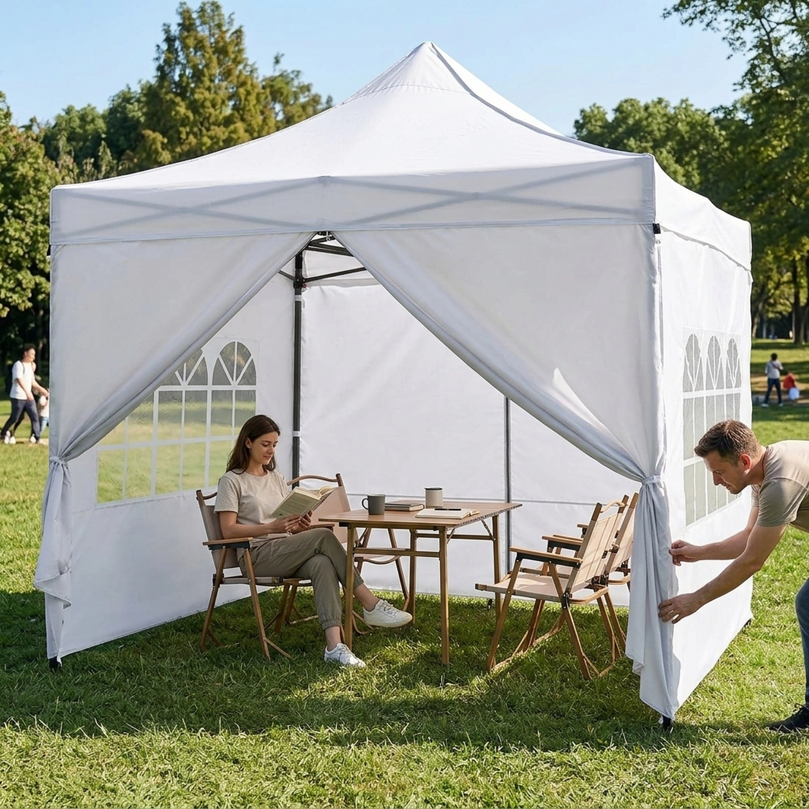 SUGIFT 10 x 10Pop Up Canopy Tent with 4 Removable Sidewalls, 3-Height Frame and Wheeled Bag White