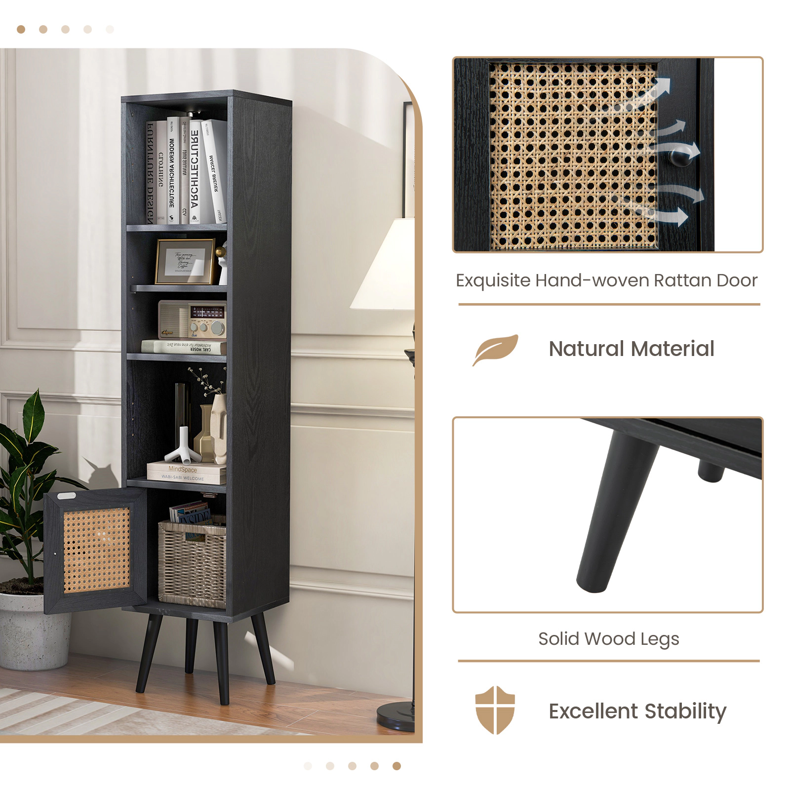 SUGIFT Slim 4-Tier Rattan Door Bookcase Storage Cabinet 200-lb Capacity Black