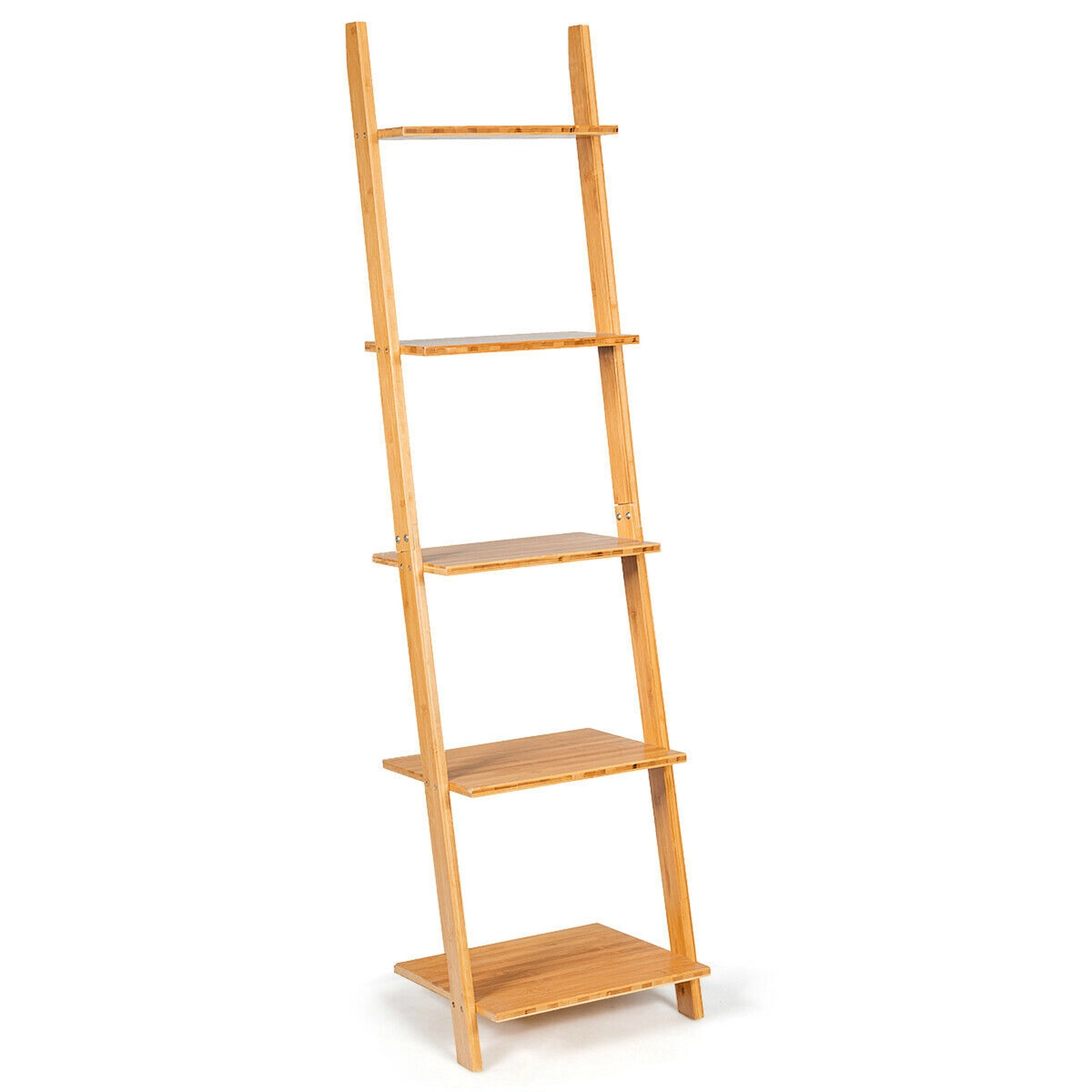 SUGIFT 5-Tier Natural 65-in Tall Leaning Bamboo Ladder Shelf Bookshelf with Display Rack and Plant Shelf