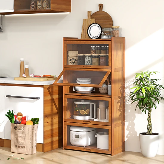 Costway 4-Tier Bamboo Bookshelf w/Doors See-through Acrylic Doors Freestanding Bookcase Natural