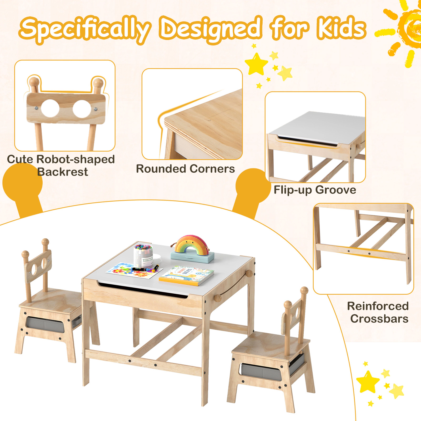 SUGIFT Kids Table and 2 Chairs Set Natural Robot-Shaped with Reversible Whiteboard