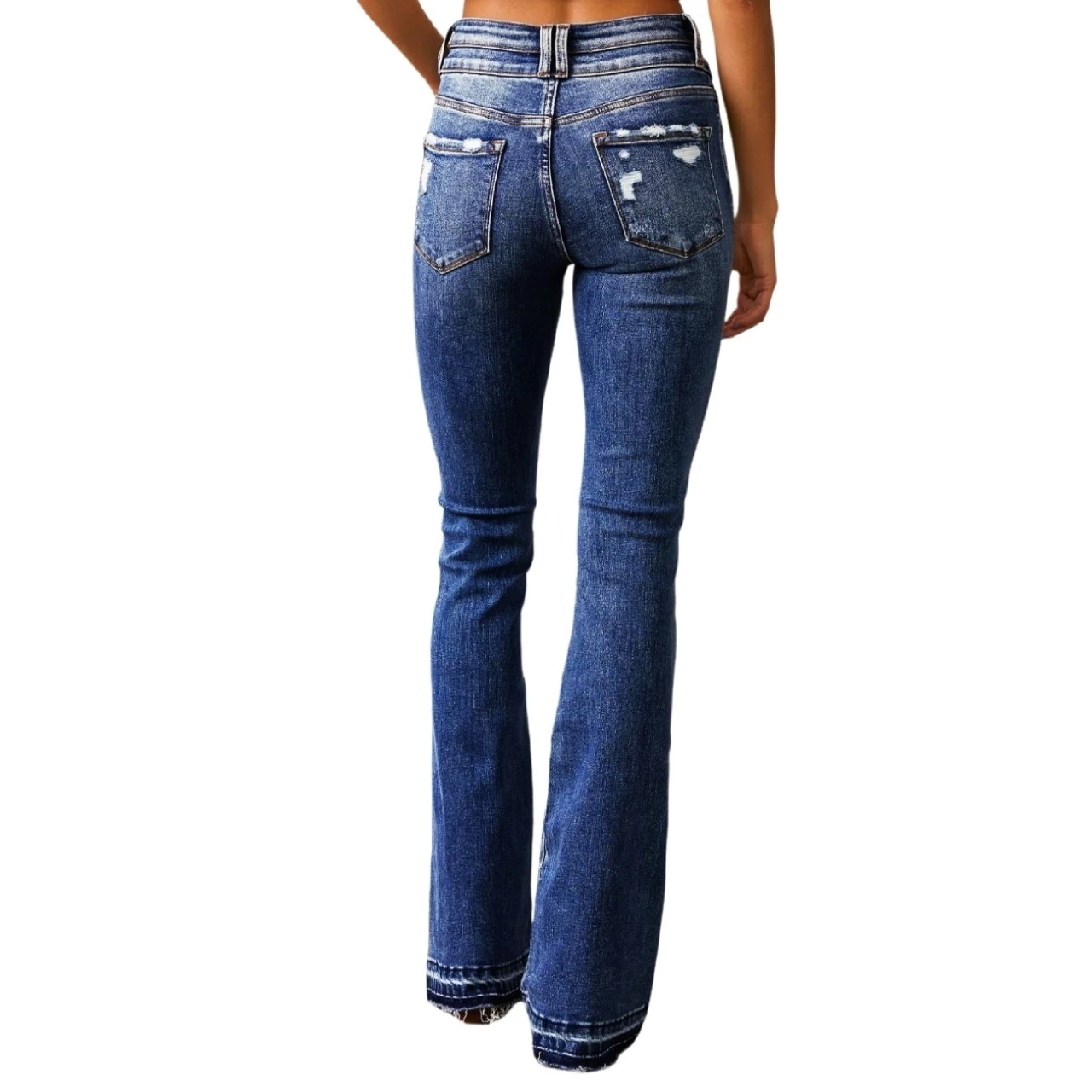 YesFashion Women High Waisted Distressed Bootcut Jeans Zip Slim \Double Button Flare Denim Pants