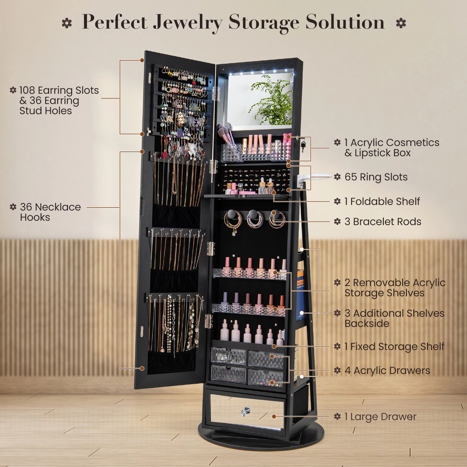 Hivvago Lockable 360° Swivel Jewelry Cabinet with Full-Length Mirror LED Lights