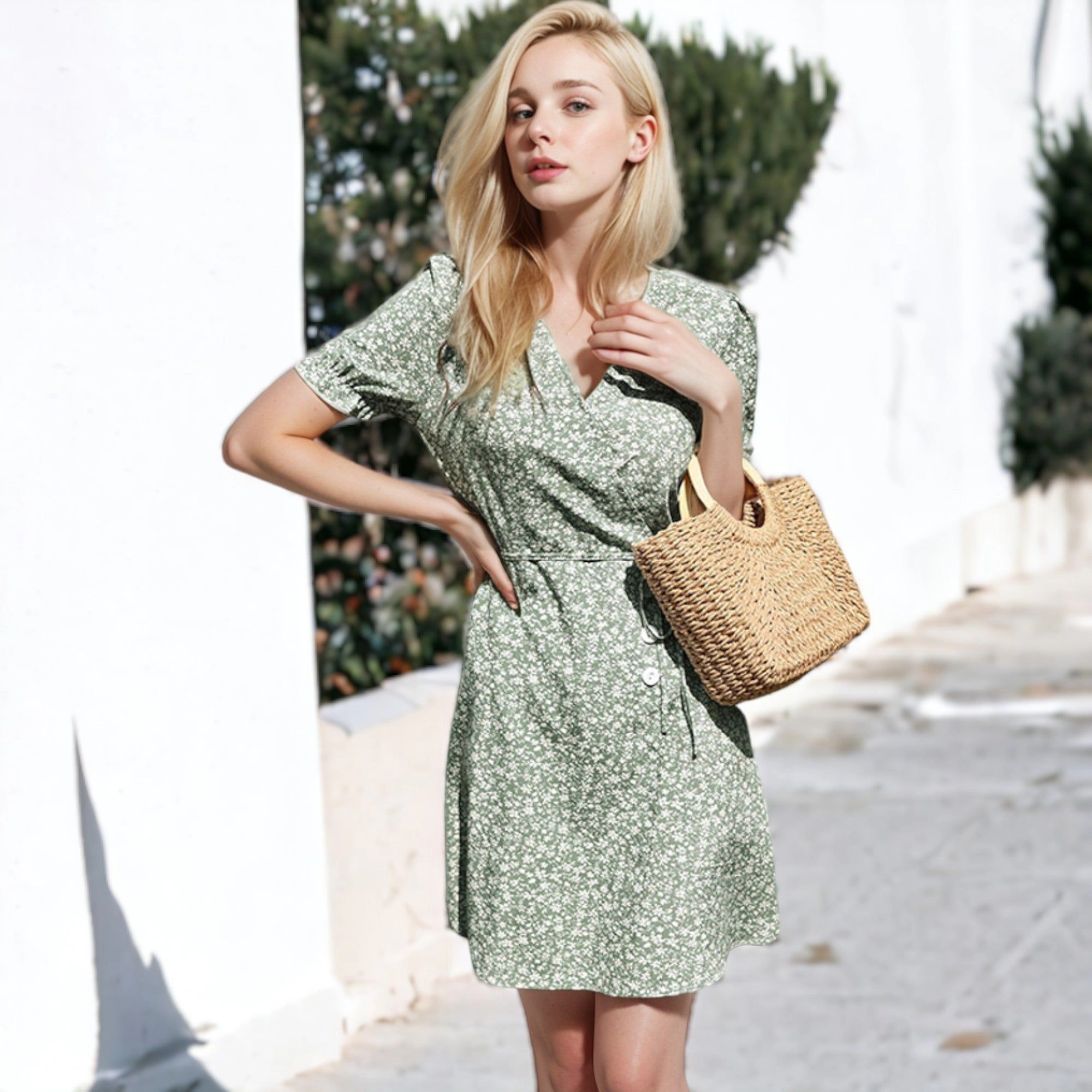 Anna-Kaci Women's Puff Sleeve Wrap Dress