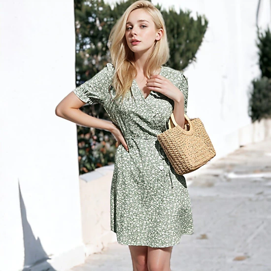 Anna-Kaci Women's Puff Sleeve Wrap Dress
