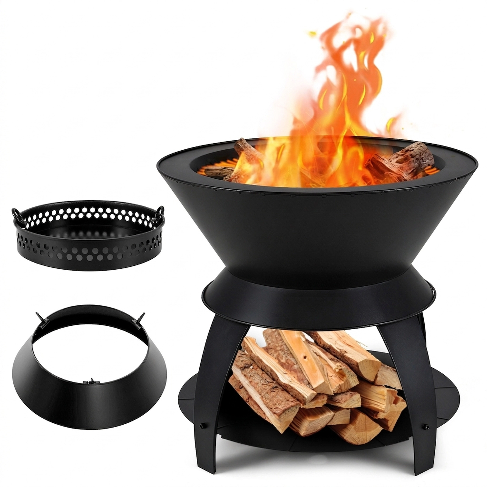 SUGIFT Black Pot Holder and Log Shelf 20-in Patio Fire Pit Metal Camping Fire Bowl