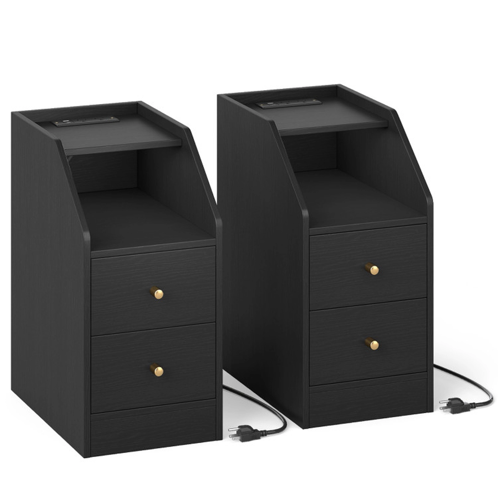 SUGIFT Set of 2 Charging Station 2 Drawers Open Shelf Narrow End Tables 16-in x 10-in x 20-in 35-lb Capacity Black