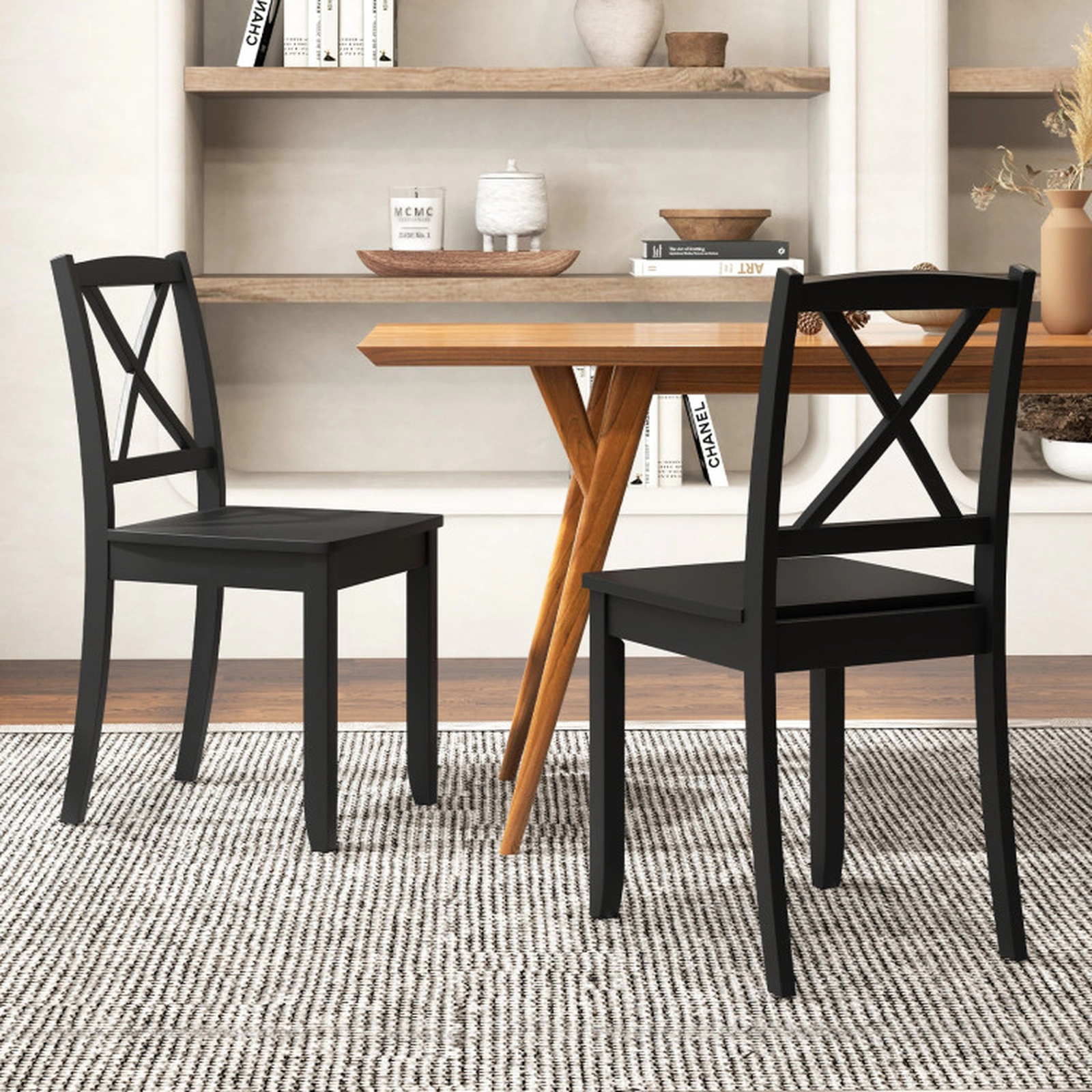SUGIFT Set of 2 400-lb Capacity Black Farmhouse Cross Back Wood Dining Chairs with Rubber Wood Legs