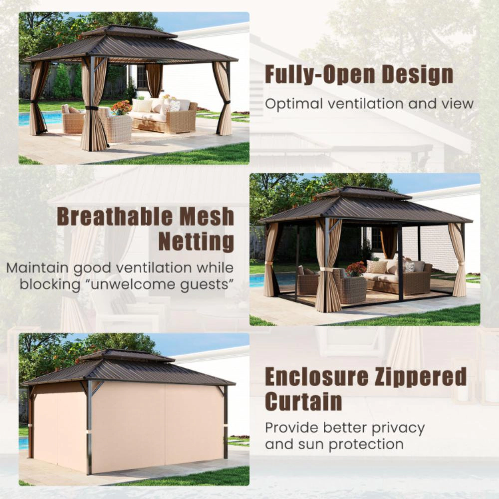 Hivvago 16 x 12 FT Hardtop Gazebo Outdoor Pergola for Patio Garden Deck Lawn Backyard Party Tent-Coffee