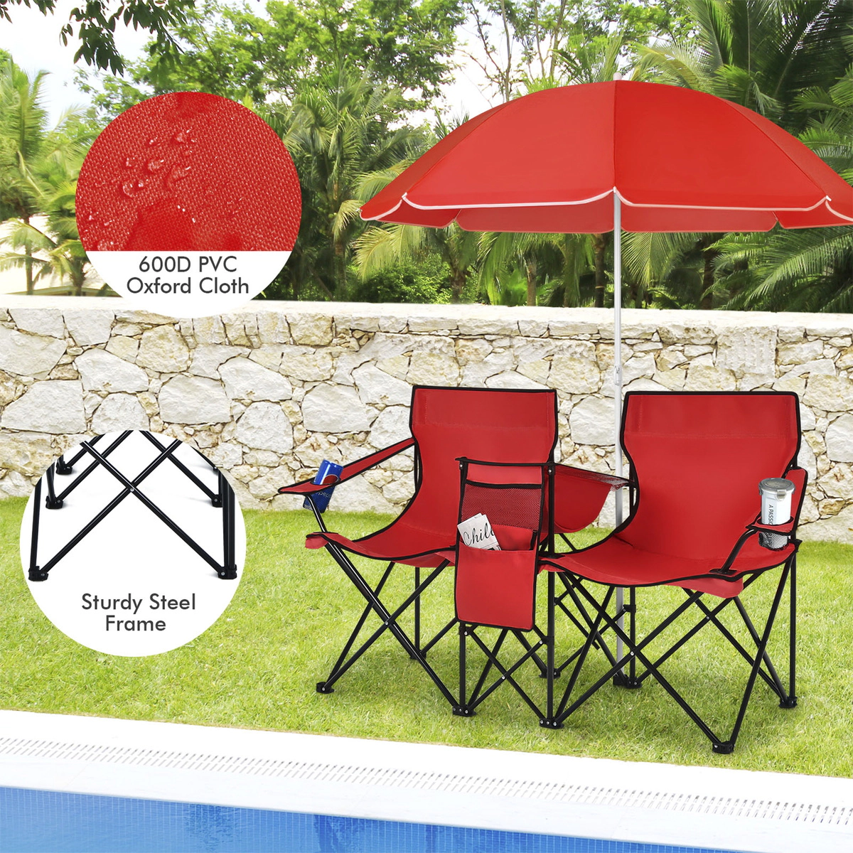 SUGIFT Red Double Folding Picnic Chair with Removable Umbrella and Cooler Bag 63-in W 22-in D 270-lb Per Seat