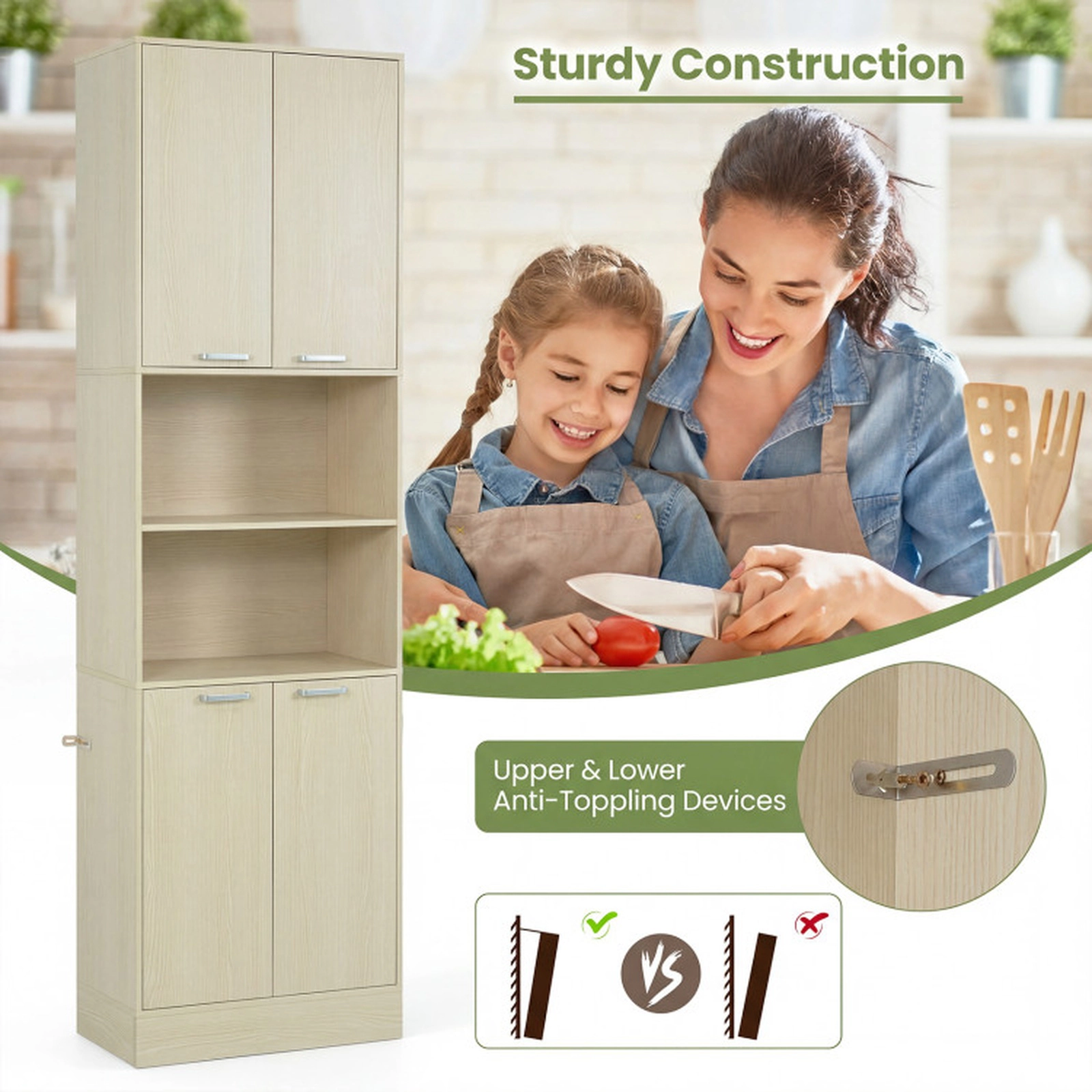SUGIFT 75-in Tall 2 Cabinets 2 Open Shelves Kitchen Pantry Storage Cabinet 22-in x 12-in 300-lb Capacity Beige