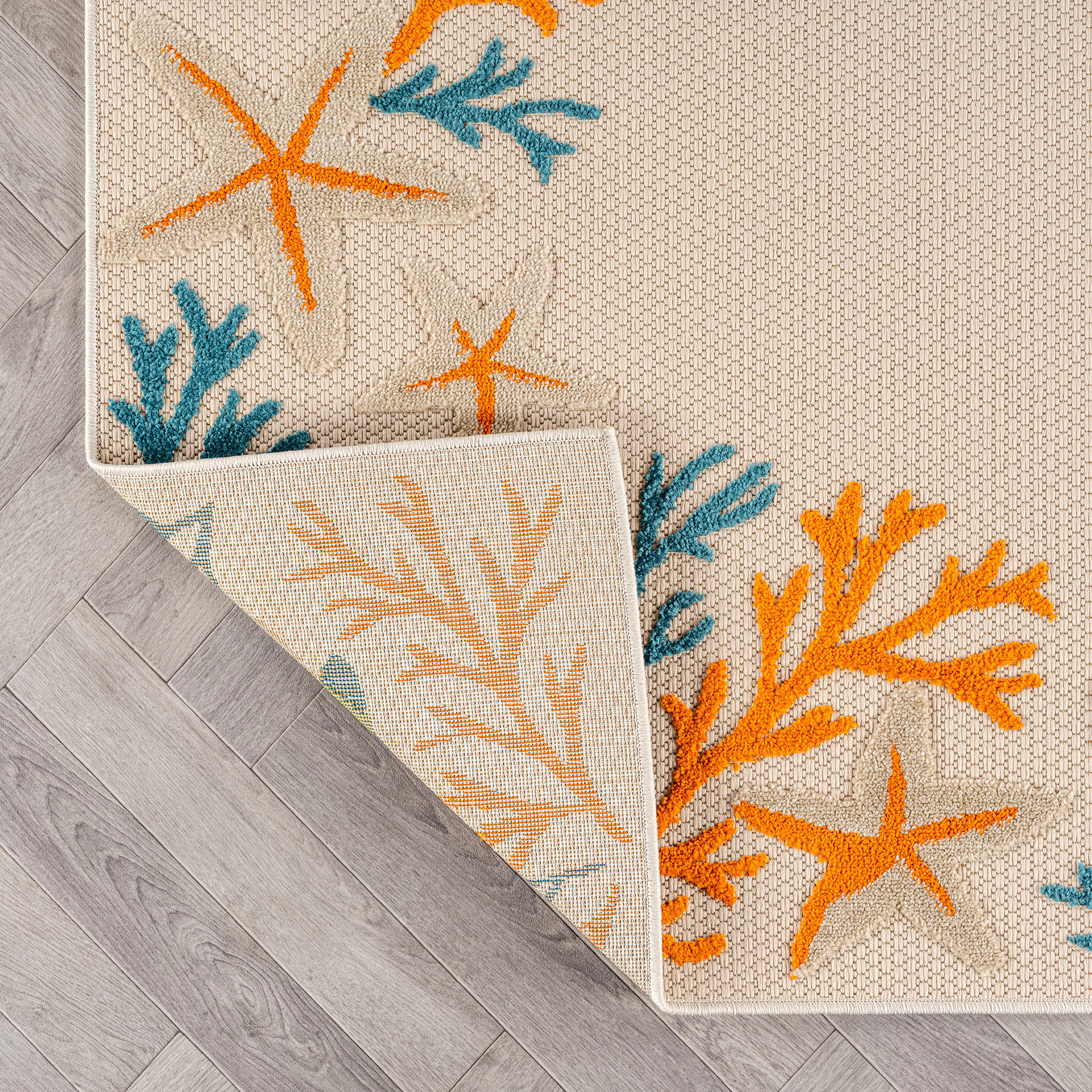 World Rug Gallery Indoor/Outdoor High-Low Textured Area Rug, Coastal Border Ivory/Multi, Easy-Clean Patio