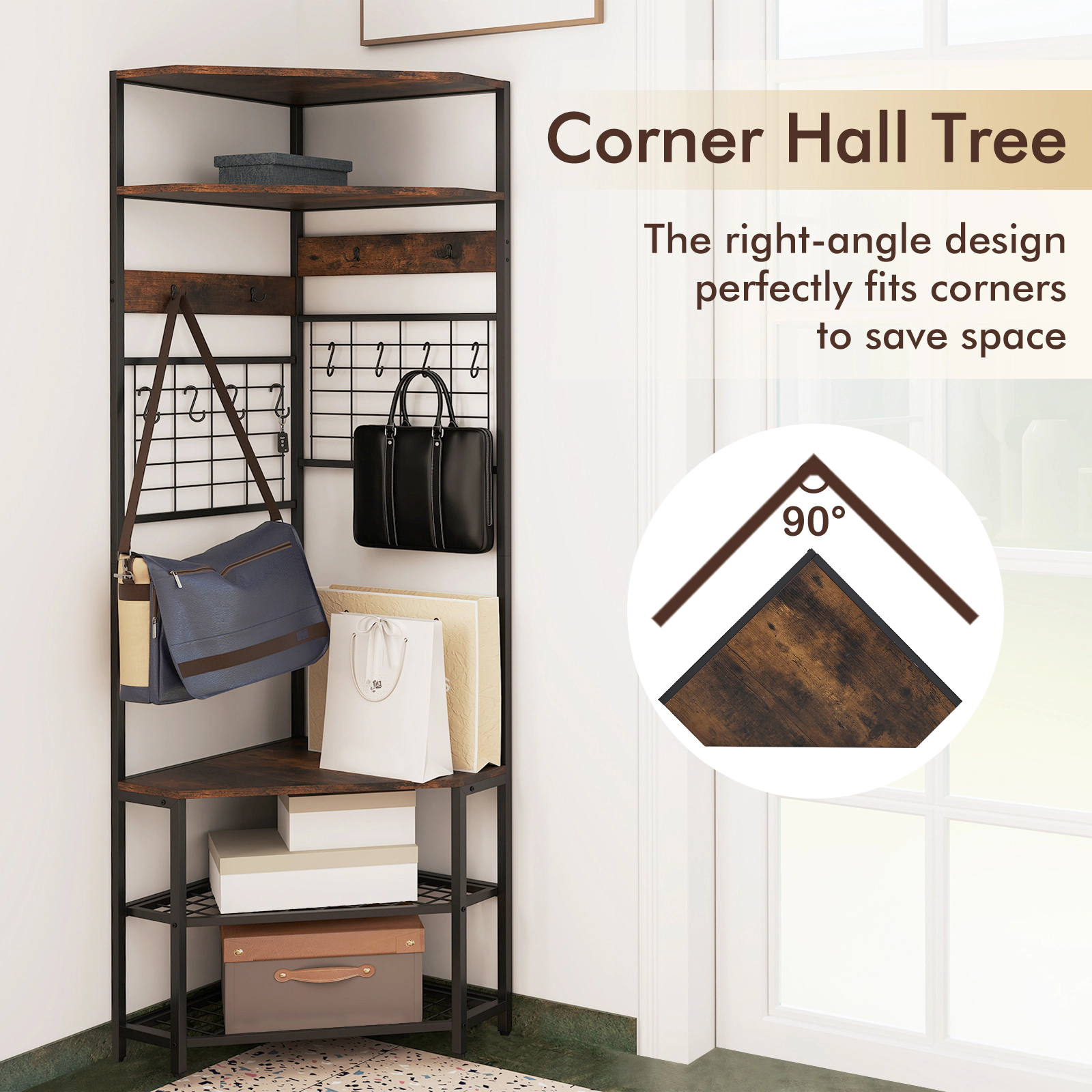 SUGIFT 5-Tier 72-in Tall Corner Hall Tree with Shoe Storage Bench 12 Hooks and Entryway Coat Rack