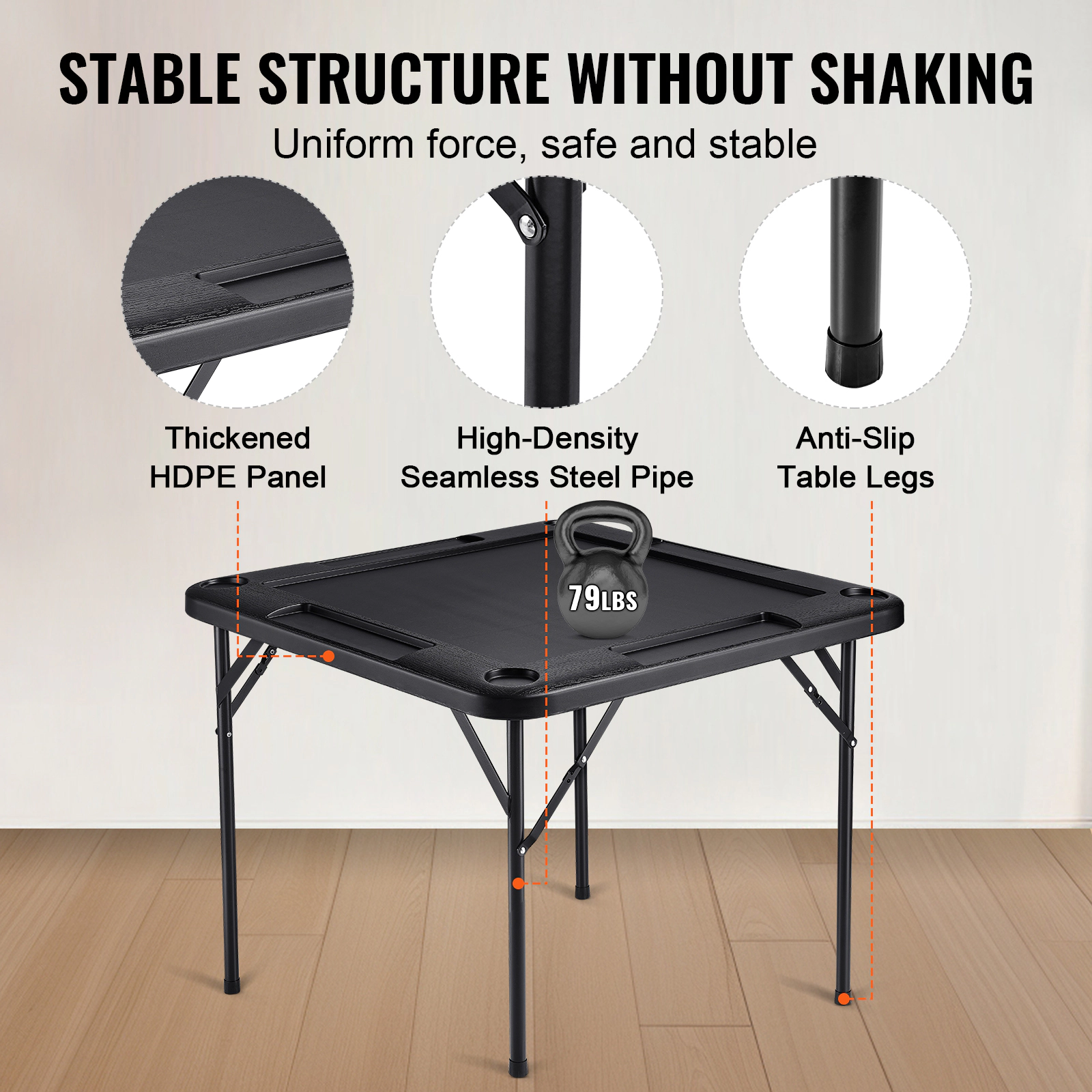 HONGGE 35.4-Inch Square Folding Game Table for Mahjong, Cards & Dominoes with 4 Cup Holders & Chip Trays, Black