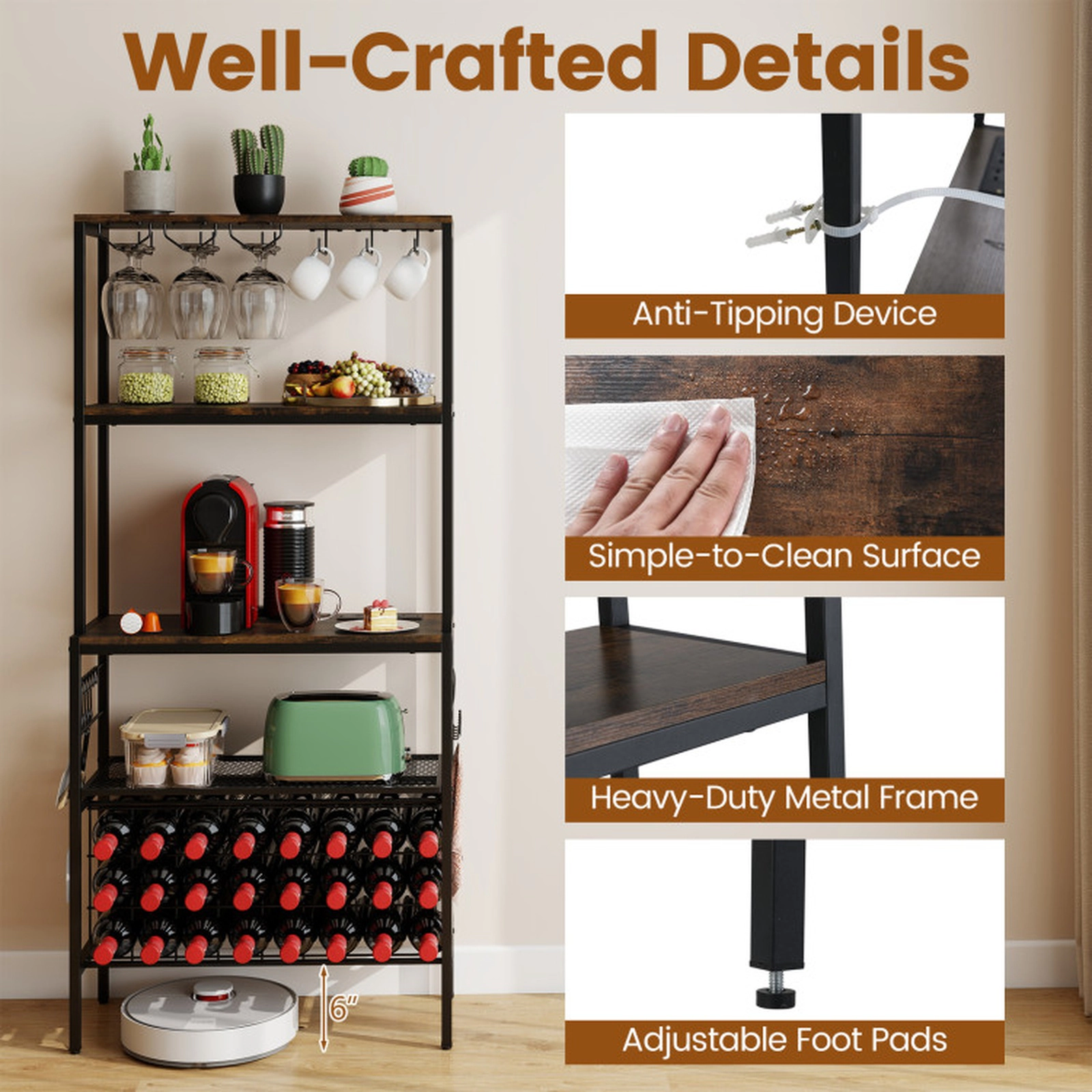 SUGIFT 4-Tier Wine Organizer with Power Outlet, 24-Bottle Holders & RGB Light 44-lb Wooden Shelf 22-lb Mesh Shelf Rustic