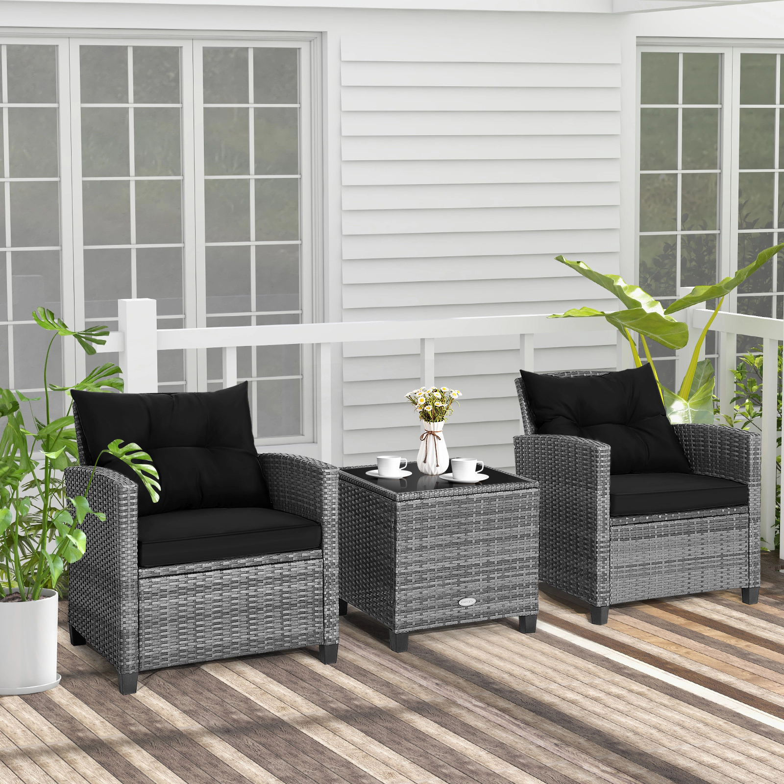 SUGIFT Tempered Glass Top Side Table 3-Piece Outdoor Wicker Conversation Set