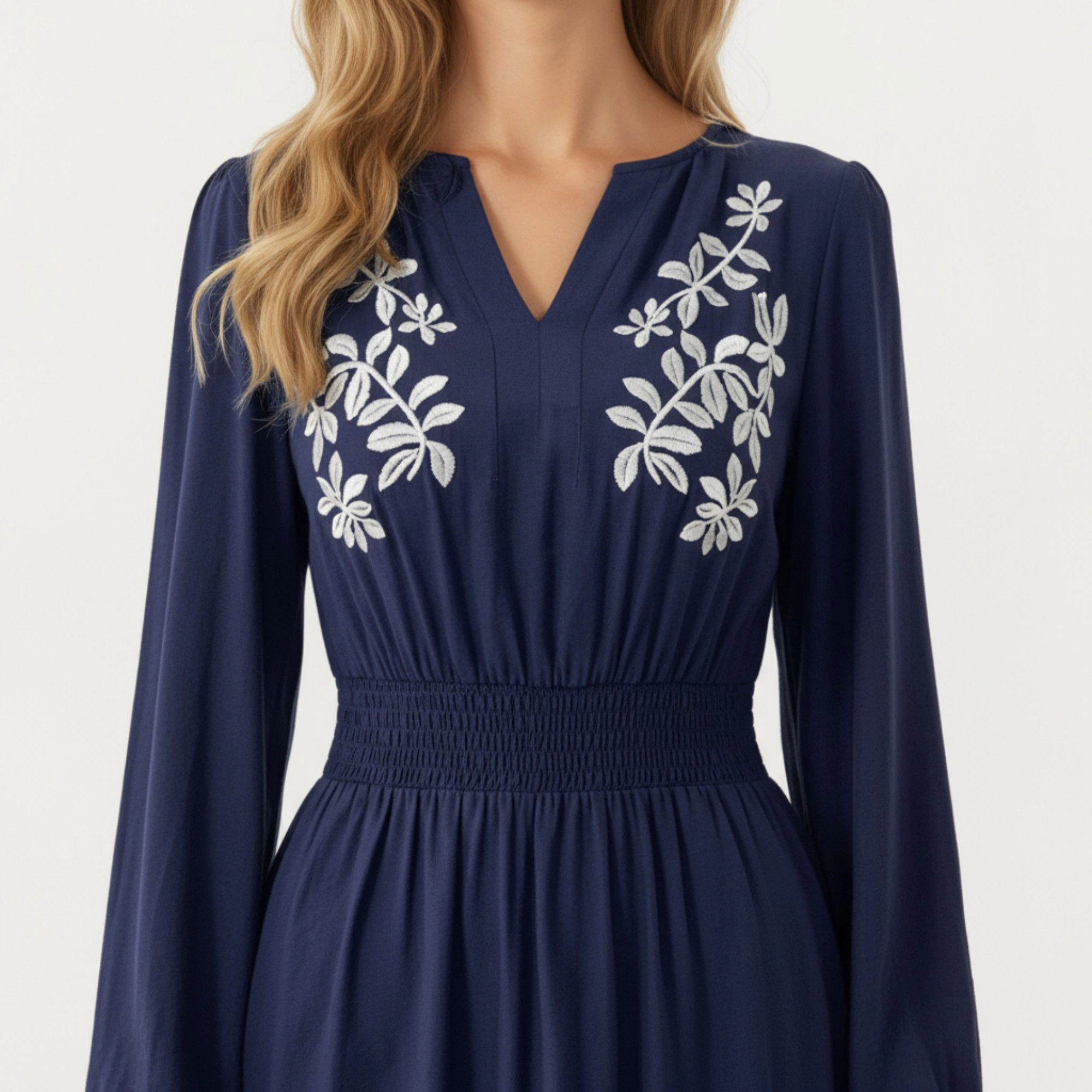 Anna-Kaci Women's Long Sleeve Embroidered Midi Dress with Smocked Waist and V-Neckline