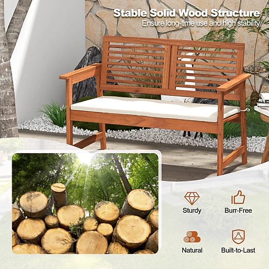 SUGIFT 43.5-in Solid Wood Outdoor Garden Bench with Backrest and Cushion, Natural