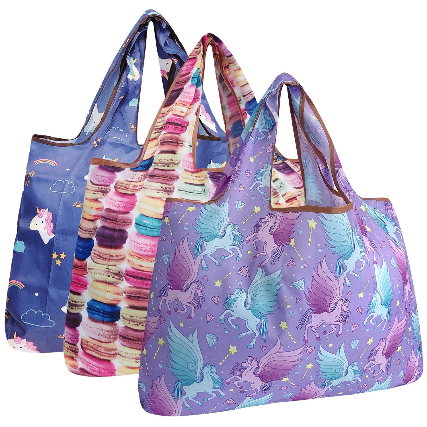 Wrapables Large Nylon Reusable Shopping Bags for Groceries (Set of 3), Unicorns & Pegasus