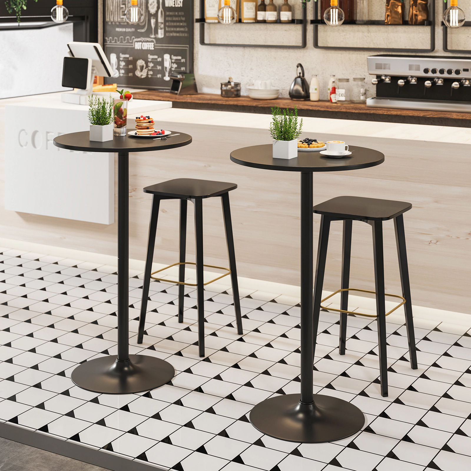 SUGIFT Black Round Cocktail Table, 24-Inch Top, 40-Inch Bar Height, Metal Pedestal Base