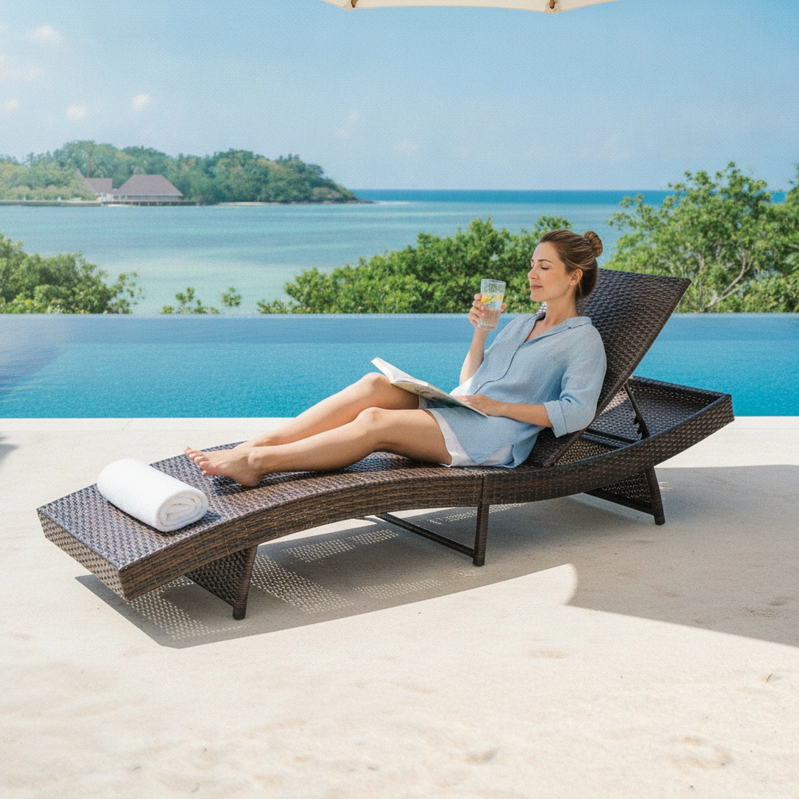 SUGIFT 83-In Folding Outdoor Chaise Lounge, White PE Rattan, 5-Level Backrest, 2.5-In Cushion