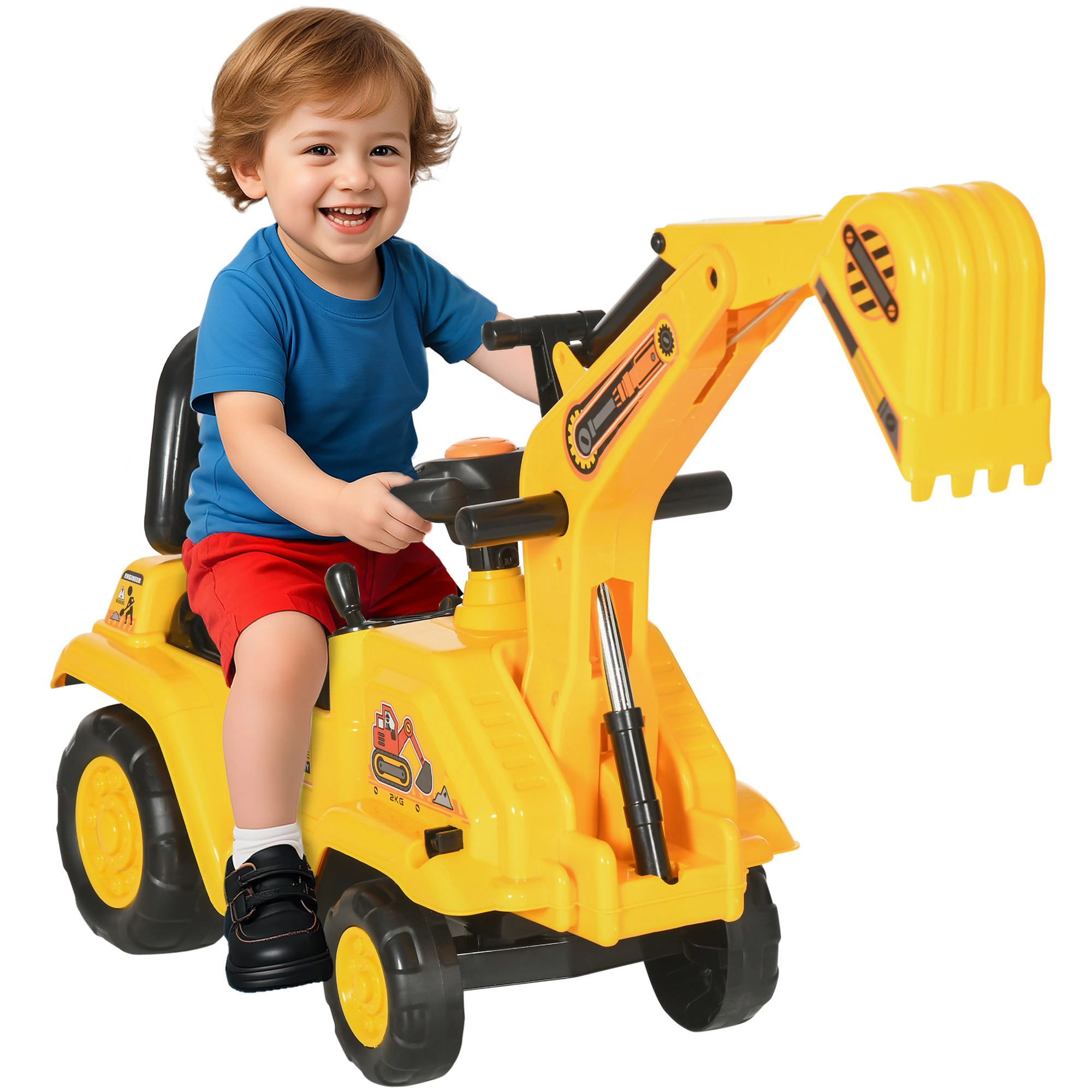 HONGGE 2-in-1 Ride-On Digger Toy with Pull Cart, Front Loader Bucket & Under-Seat Storage, Ages 18-48 Months