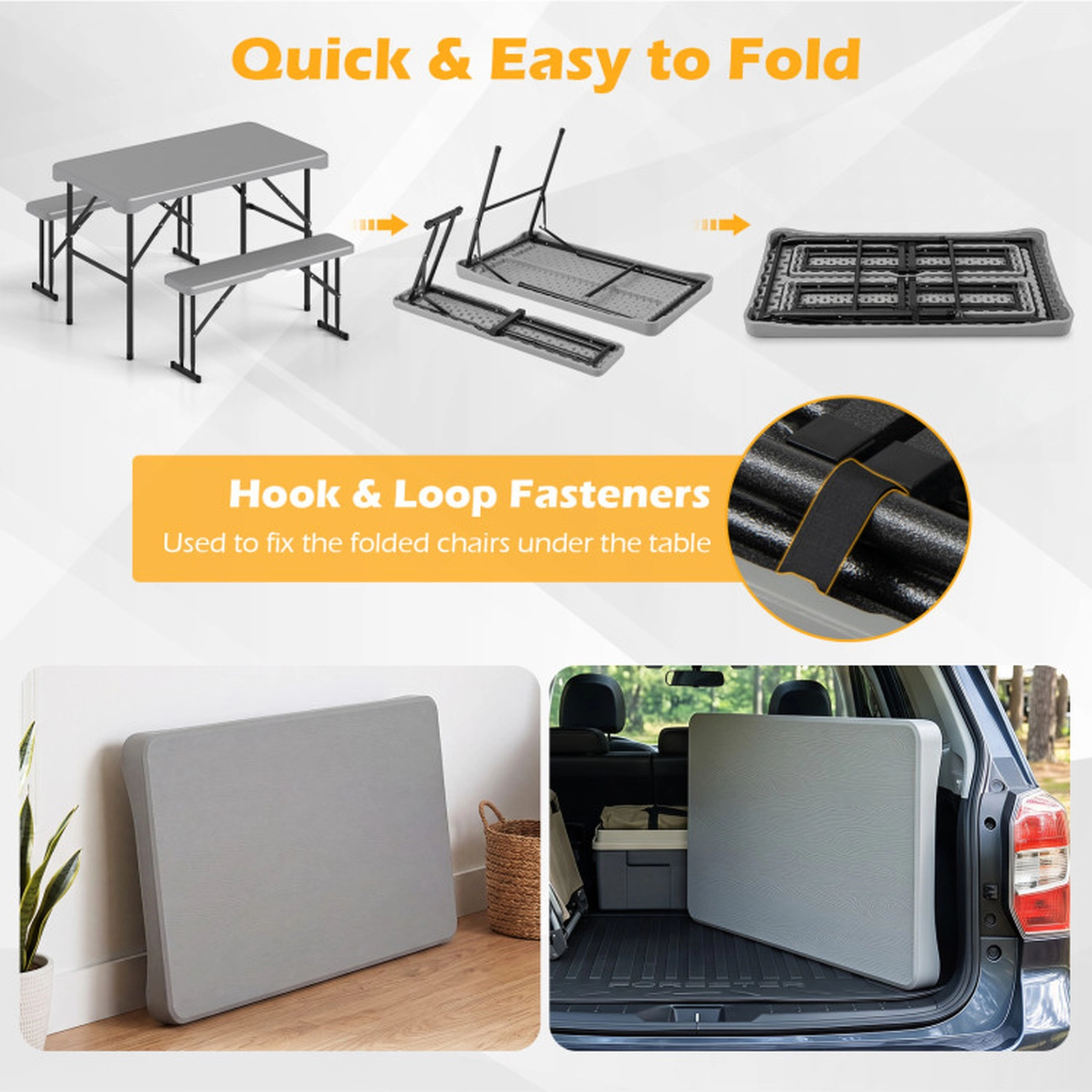 SUGIFT 44 in Folding Picnic Table Set Gray HDPE with 2 Benches and Honeycomb Top