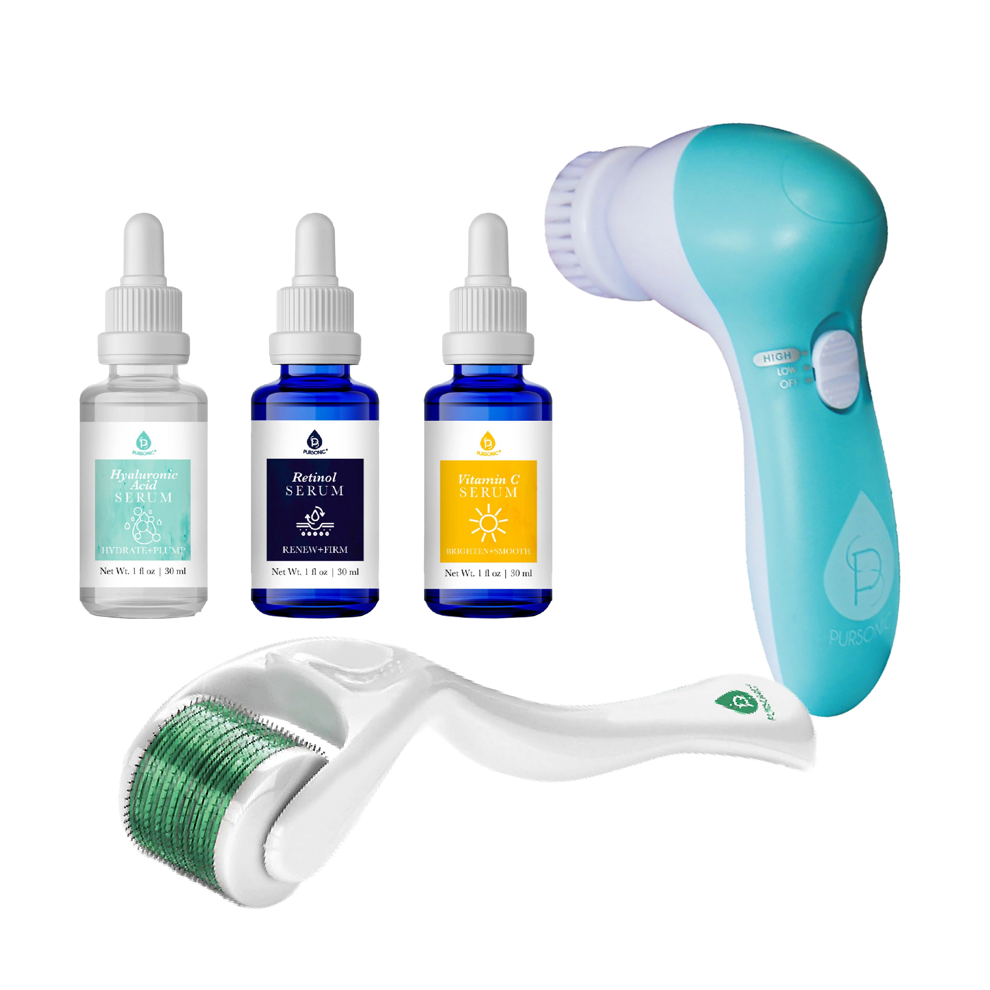 Pursonic Women’s Advanced Skincare Bundle – Facial Cleansing Brush, Anti-Aging Serum Set & Micro Needle Derma Roller Treatment Kit