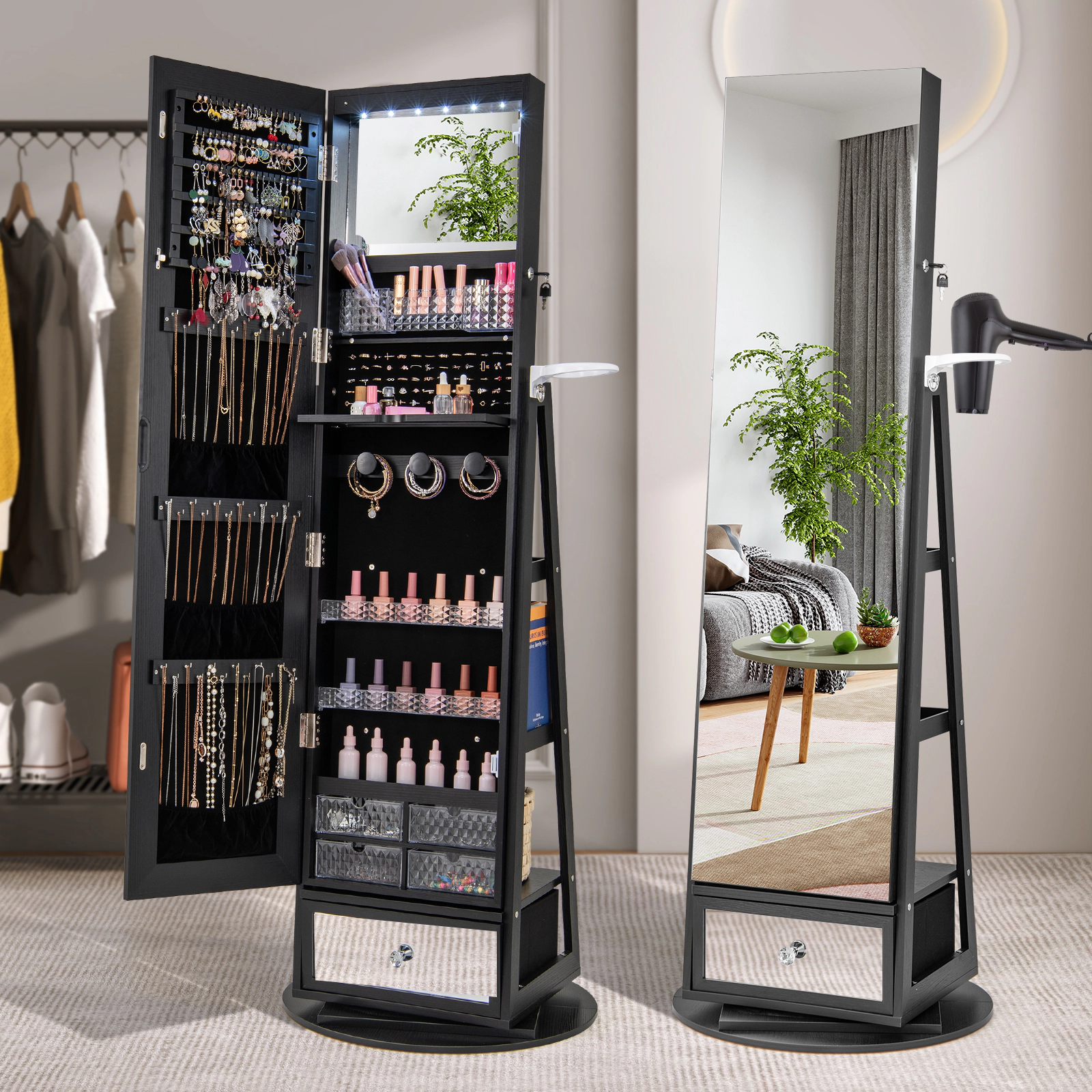 Glintex 360-Degree Swivel Jewelry Cabinet with Hairdryer Holder and Velvet Pouches