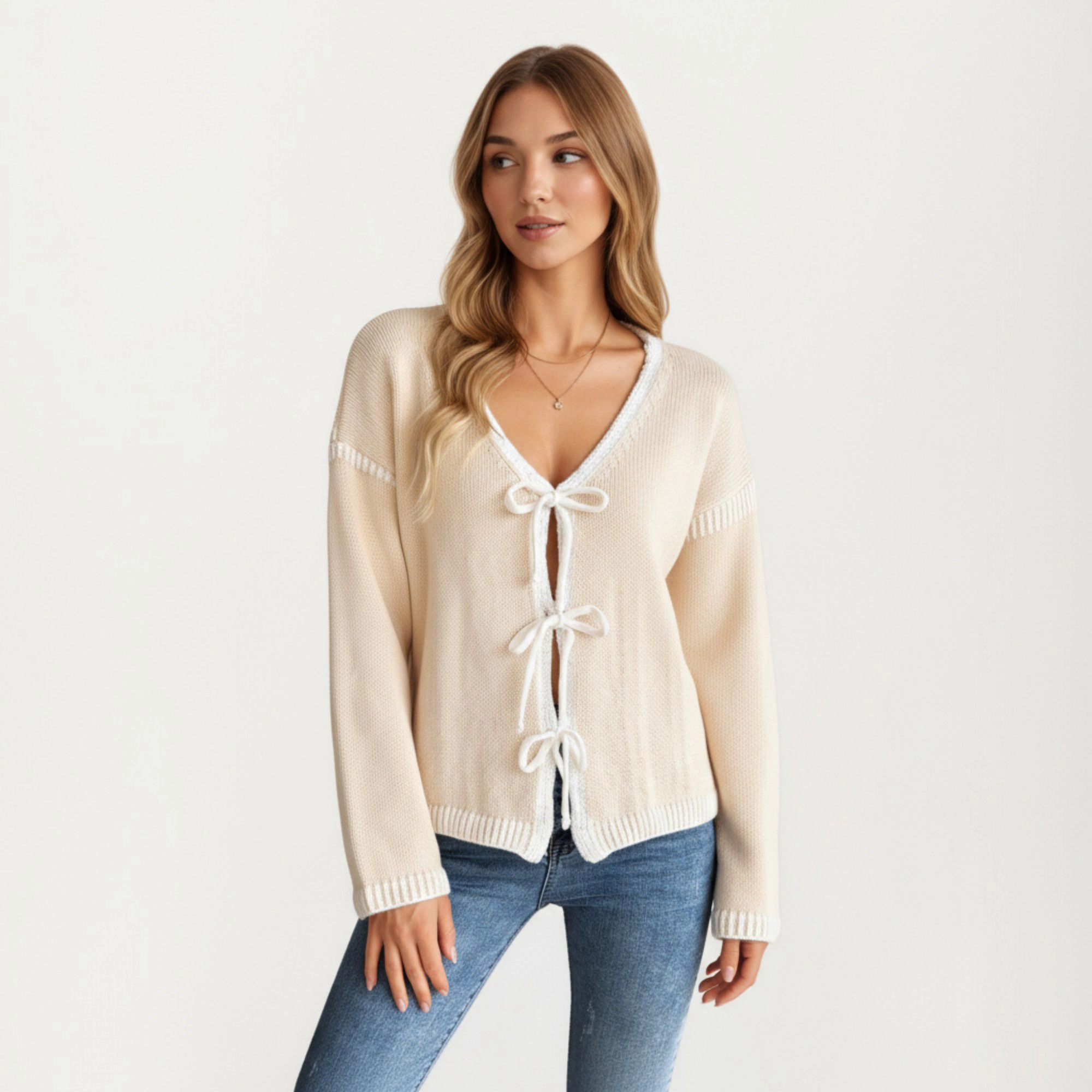 Anna-Kaci Women's Knit Cardigan with Front Tie Closures and Contrast Trim