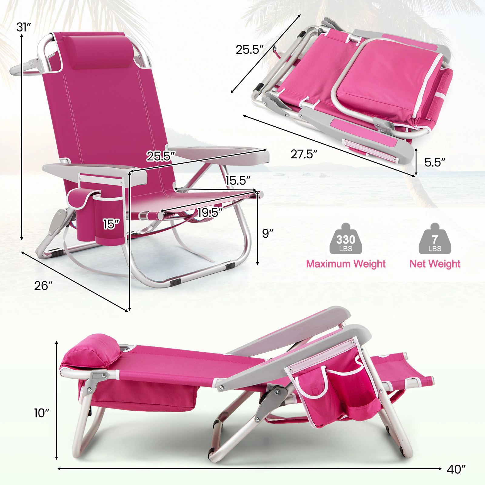 SUGIFT 5-Position Foldable Backpack Beach Chair with Cup Holder and Storage Pockets 330-lb Capacity Set of 2 Pink
